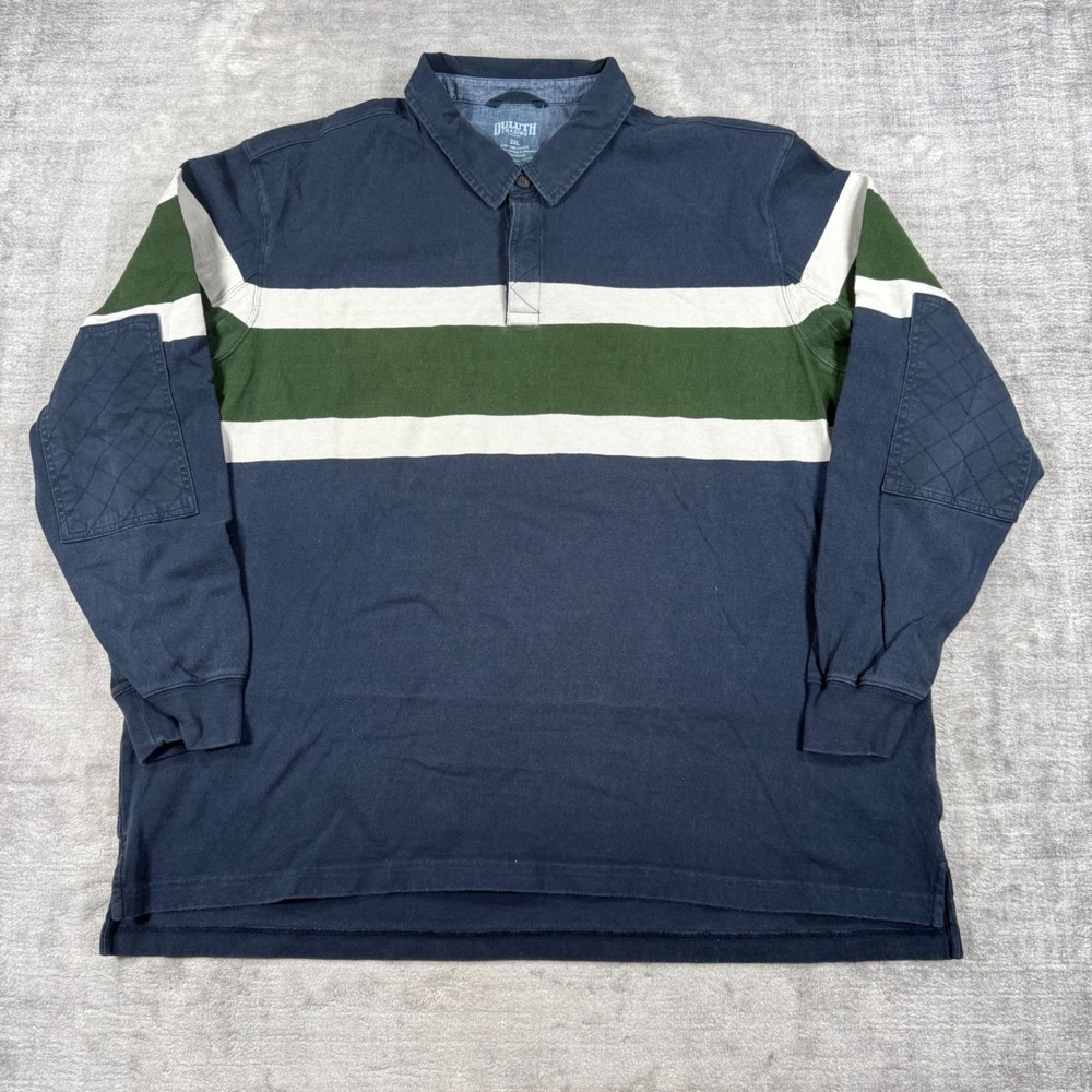 Duluth Trading Co Shirt Mens 2XL Blue Rugby Polo Striped Quilted Elbow Patches